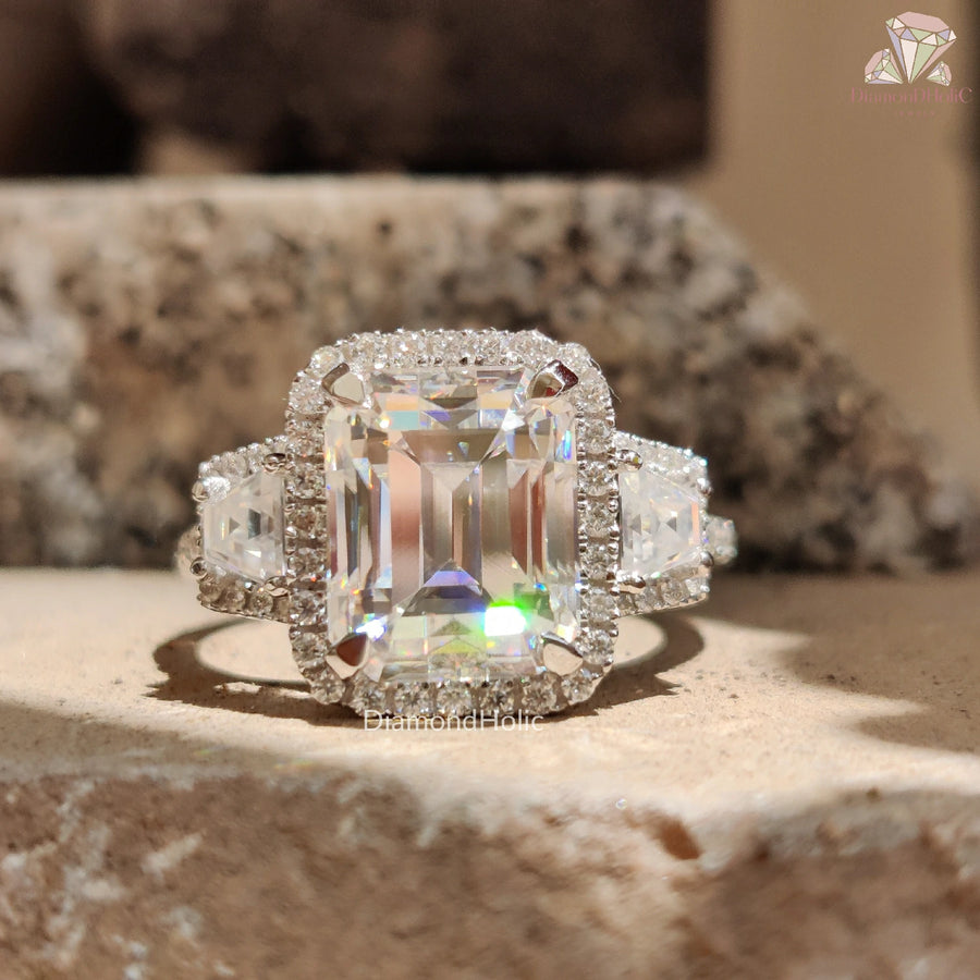 14K Solid Gold Halo Engagement Ring - Emerald Cut Three Stone Moissanite Ring