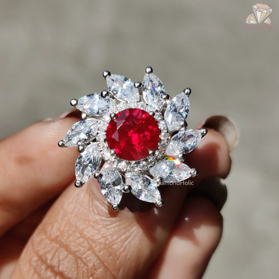 Round Cut Red Ruby Moissanite Halo Ring