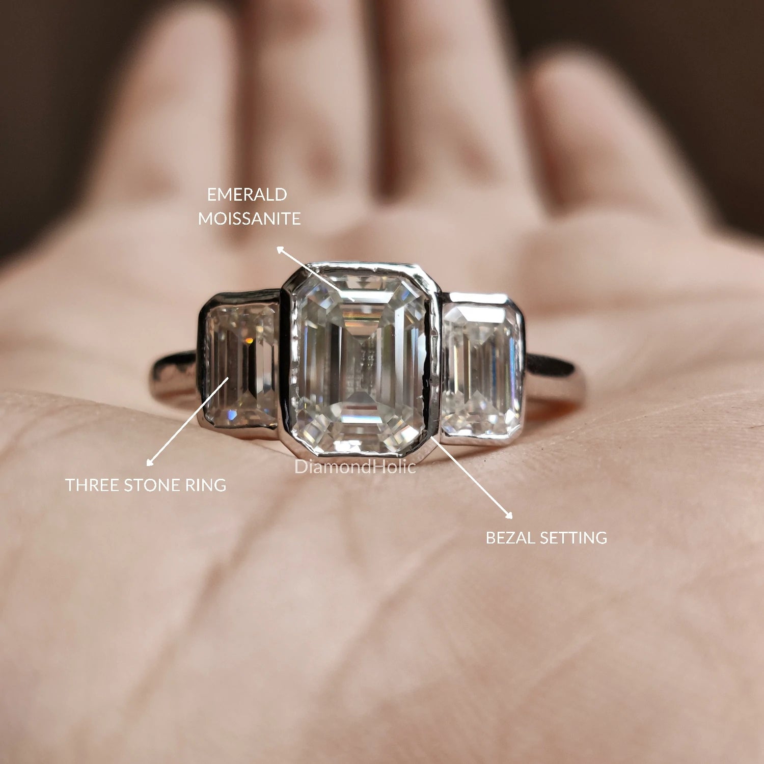 Emerald Cut Moissanite Three Stone Ring - Elegant Bezel Diamond Setting