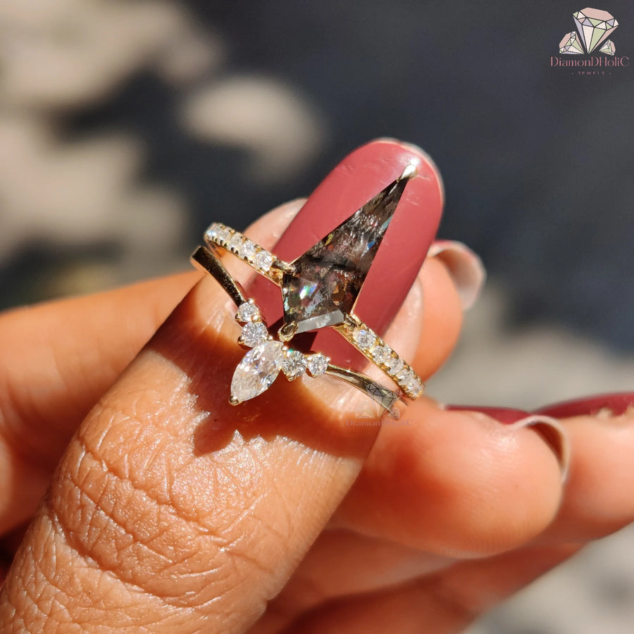 Unique Kite Cut Salt and Pepper Diamond Ring, Natural Diamond Bridal Ring Set