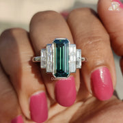 Elongated Emerald Cut Moissanite Ring, Emerald Color Moissanite Diamond Gift For Her