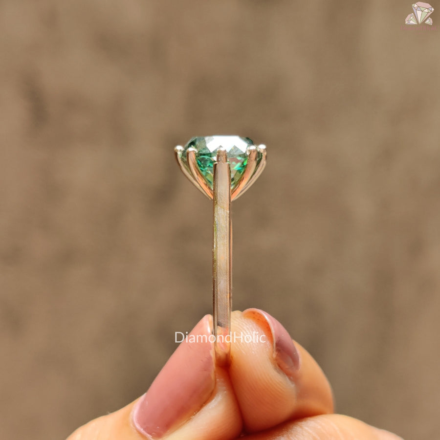 Portuguese Cut Round Moissanite Ring, Unique Green Moissanite Diamond Gift For Her