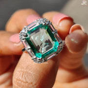 Green Emerald Cut Moissanite Ring - Green Emerald Stone Baguette Halo Engagement Ring