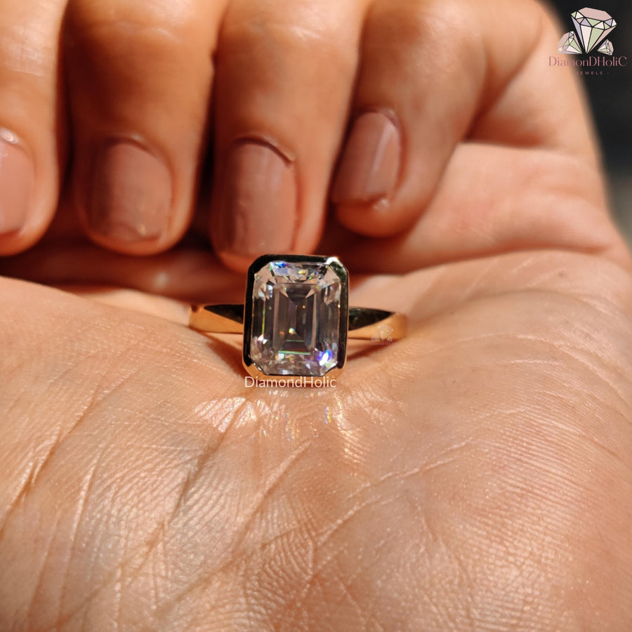 Solitaire Bezel Setting Emerald Cut Moissanite Engagement Ring