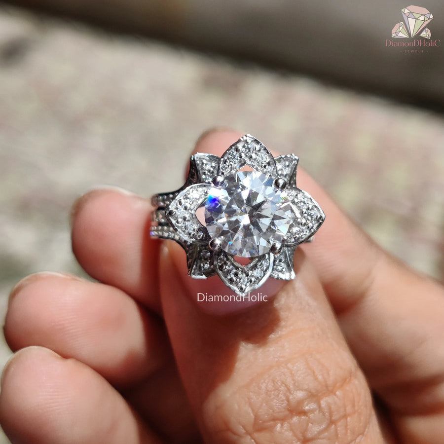 Moissanite Lotus Flower Wedding Ring
