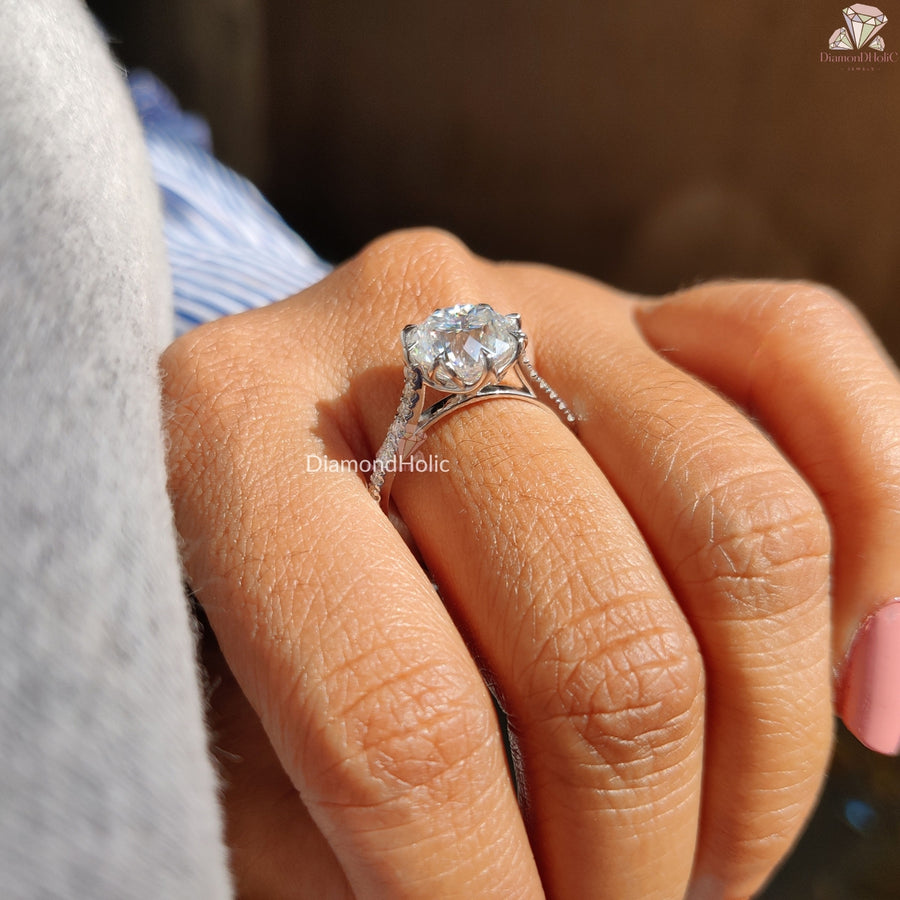 Decorative Prong Setting Portuguese Cut Moissanite Ring - Unique Cut Engagement Ring