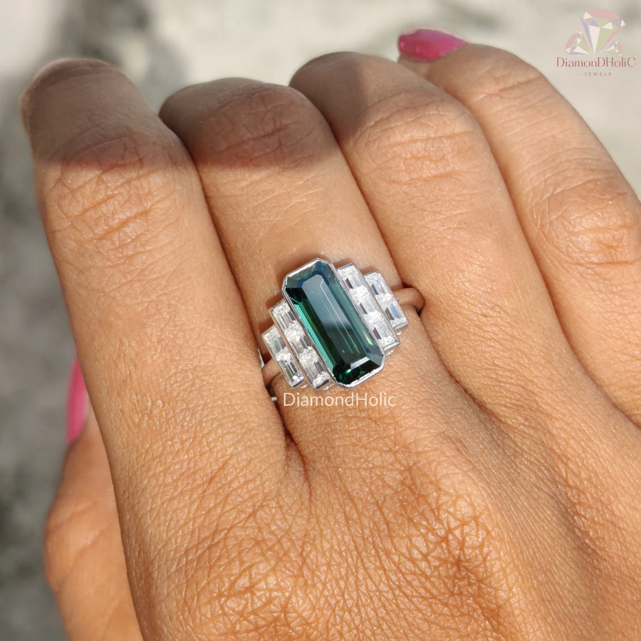 Elongated Emerald Cut Moissanite Ring, Emerald Color Moissanite Diamond Gift For Her