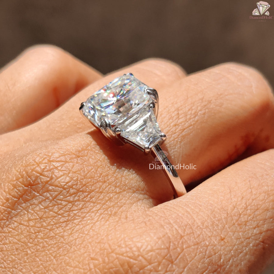 Radiant Cut Moissanite Three Stone Ring, Three Stone Trapezoid Diamond Cut Ring