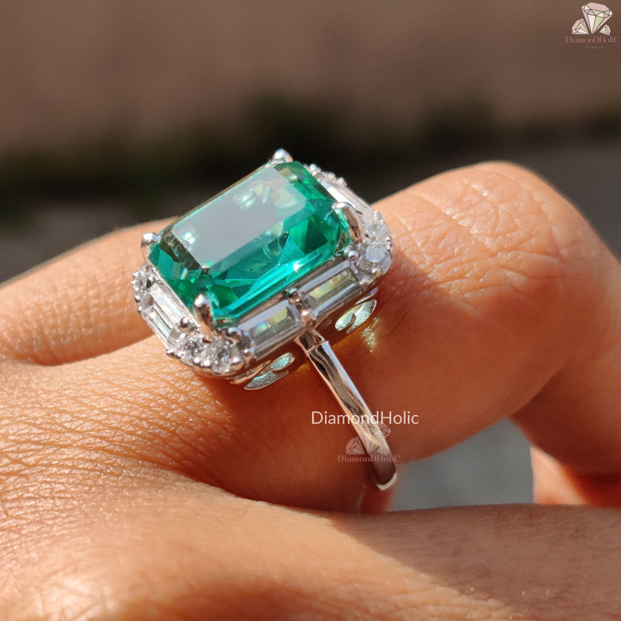 Green Emerald Cut Moissanite Ring - Green Emerald Stone Baguette Halo Engagement Ring