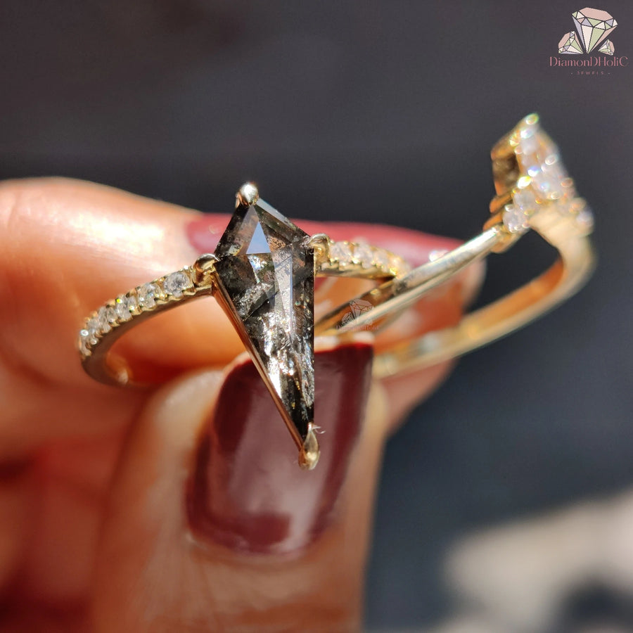 Unique Kite Cut Salt and Pepper Diamond Ring, Natural Diamond Bridal Ring Set