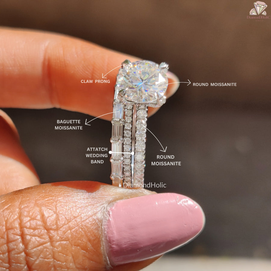 Round and Baguette Cut Moissanite Ring Set