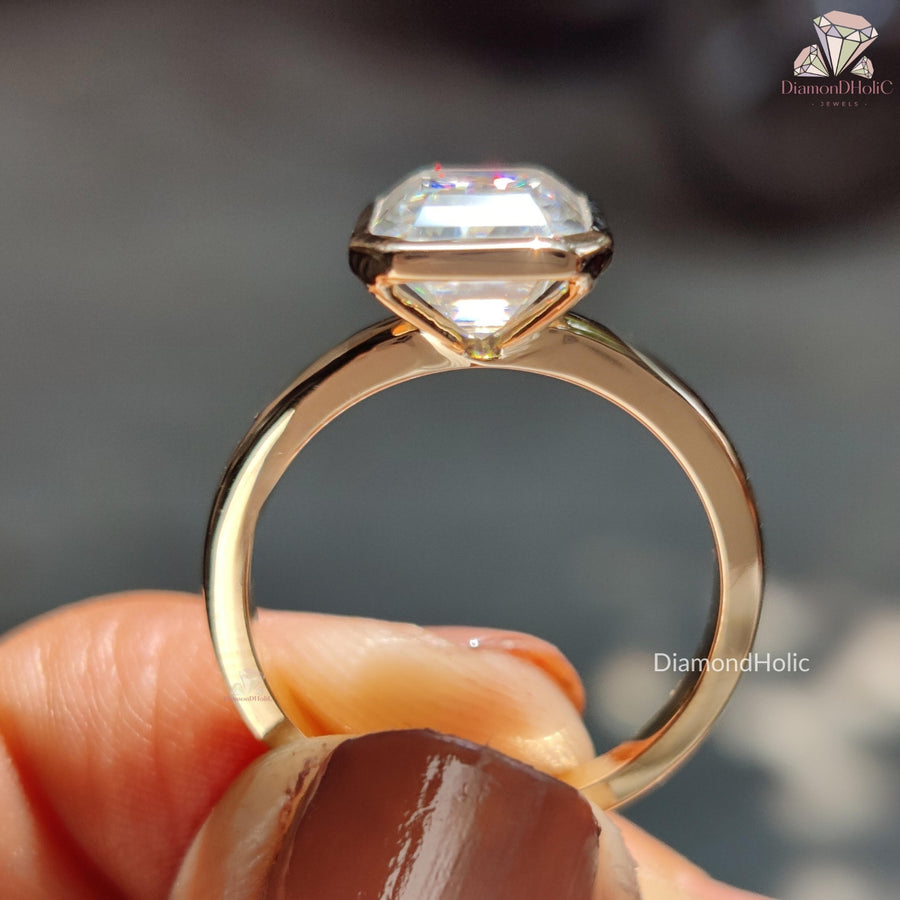 Solitaire Bezel Setting Emerald Cut Moissanite Engagement Ring