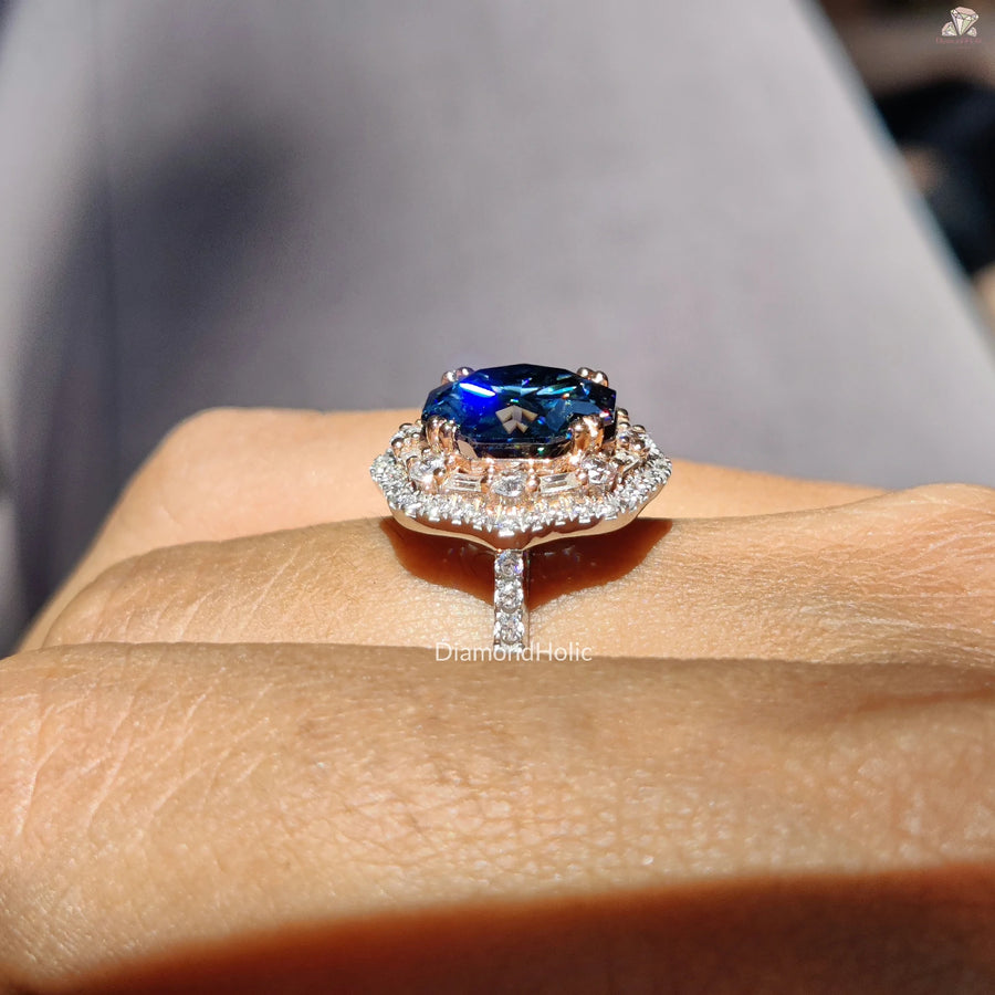 Royal Blue Octa Cut Moissanite Diamond Ring - 14K Rose Gold Halo Engagement Ring