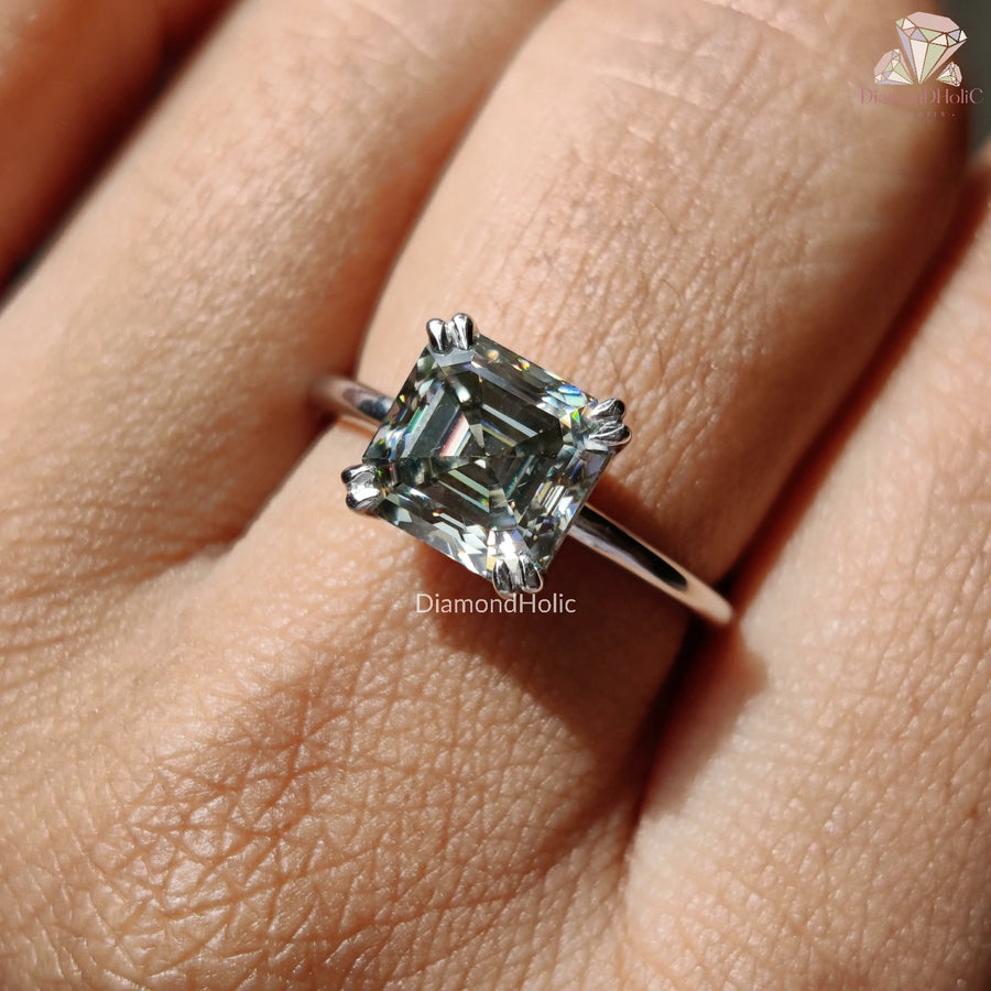 Elegant Gray Asscher Cut Moissanite Ring: Stunning Solitaire Design