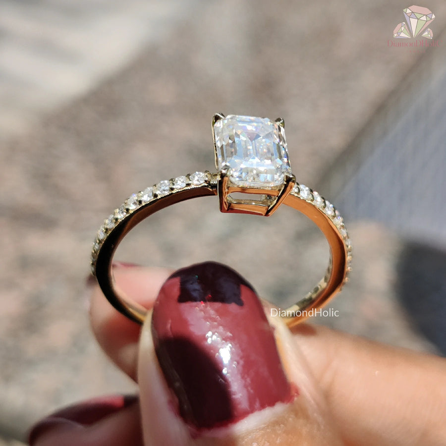 Elegant Moissanite Bridal Ring | Handmade Emerald Cut Ring | Moissanite Accent Design Ring