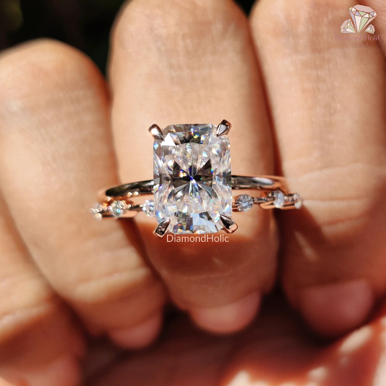 Hidden Halo Radiant Cut Moissanite Ring Set - Engagement Ring With Matching Wedding Band