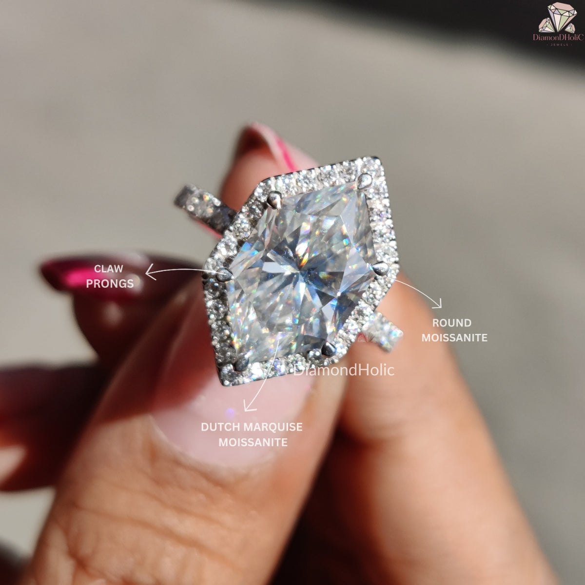 Dutch Marquise Diamond Engagement Ring, Hidden Halo Unique Style Moissanite Ring