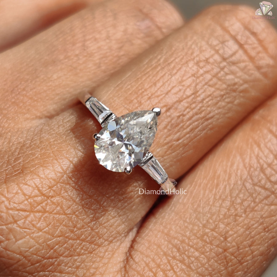 Three-Stone Pear Cut Moissanite Engagement Ring with Tapper Side Stones