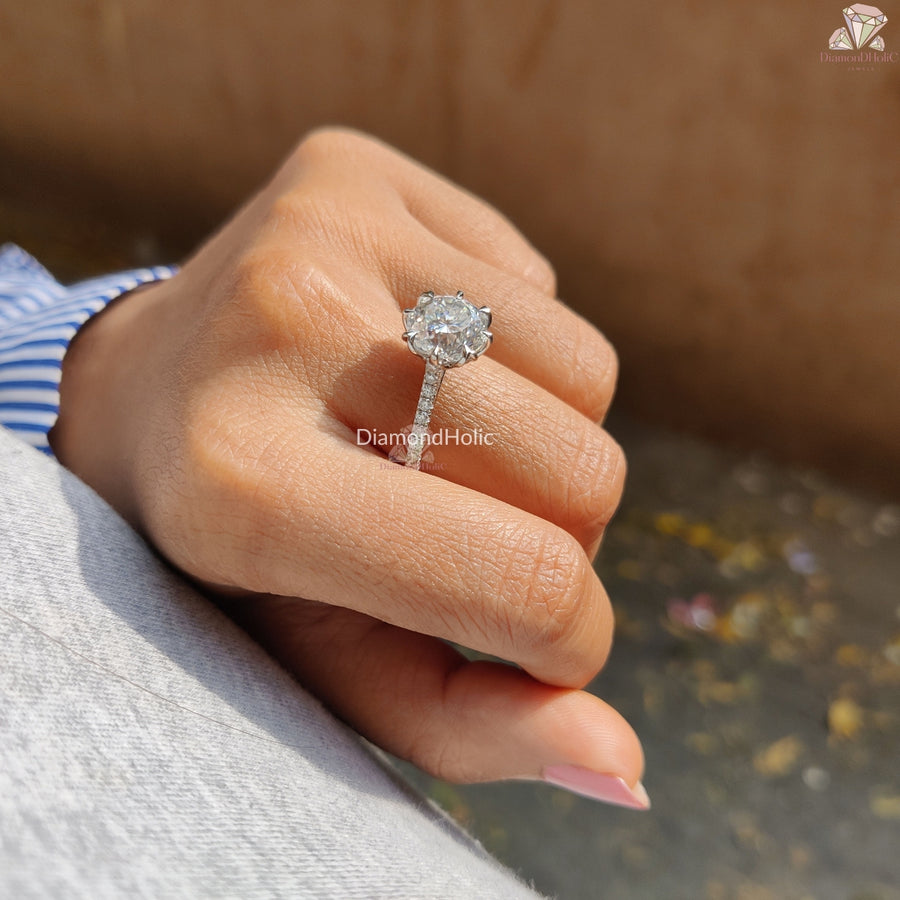 Decorative Prong Setting Portuguese Cut Moissanite Ring - Unique Cut Engagement Ring