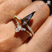 Unique Kite Cut Salt and Pepper Diamond Ring, Natural Diamond Bridal Ring Set