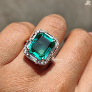 Green Emerald Cut Moissanite Ring - Green Emerald Stone Baguette Halo Engagement Ring