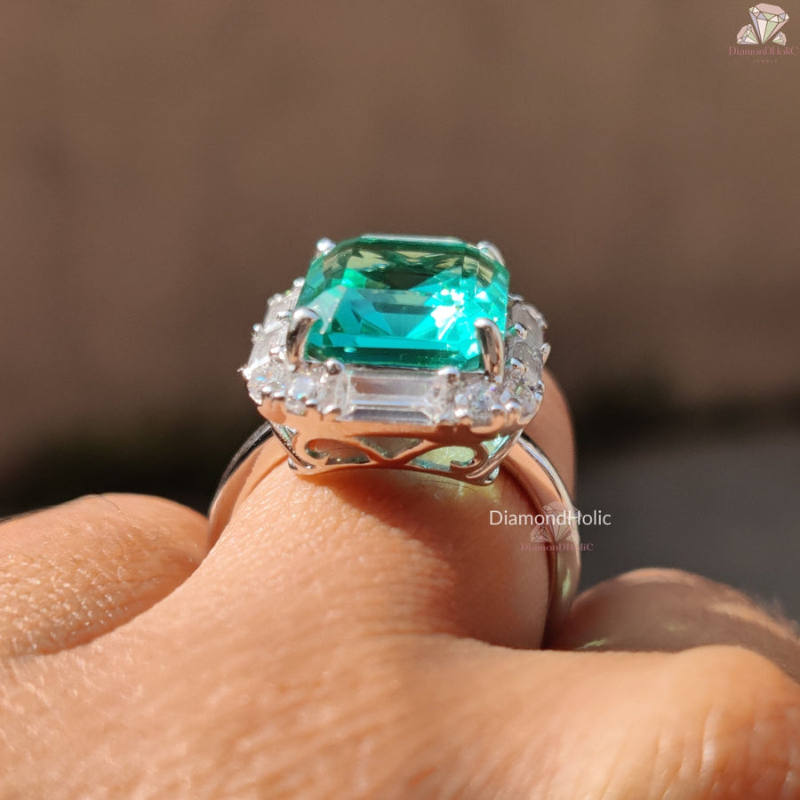 Green Emerald Cut Moissanite Ring - Green Emerald Stone Baguette Halo Engagement Ring