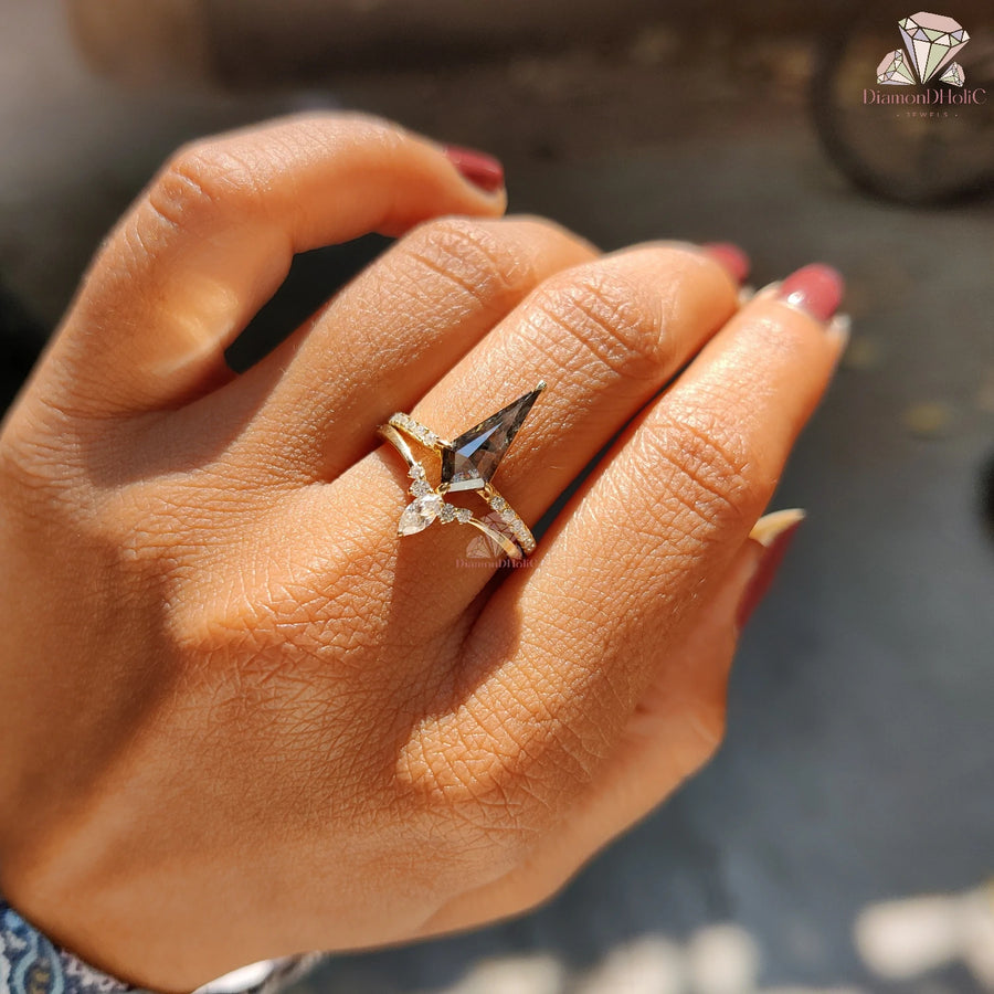 Unique Kite Cut Salt and Pepper Diamond Ring, Natural Diamond Bridal Ring Set