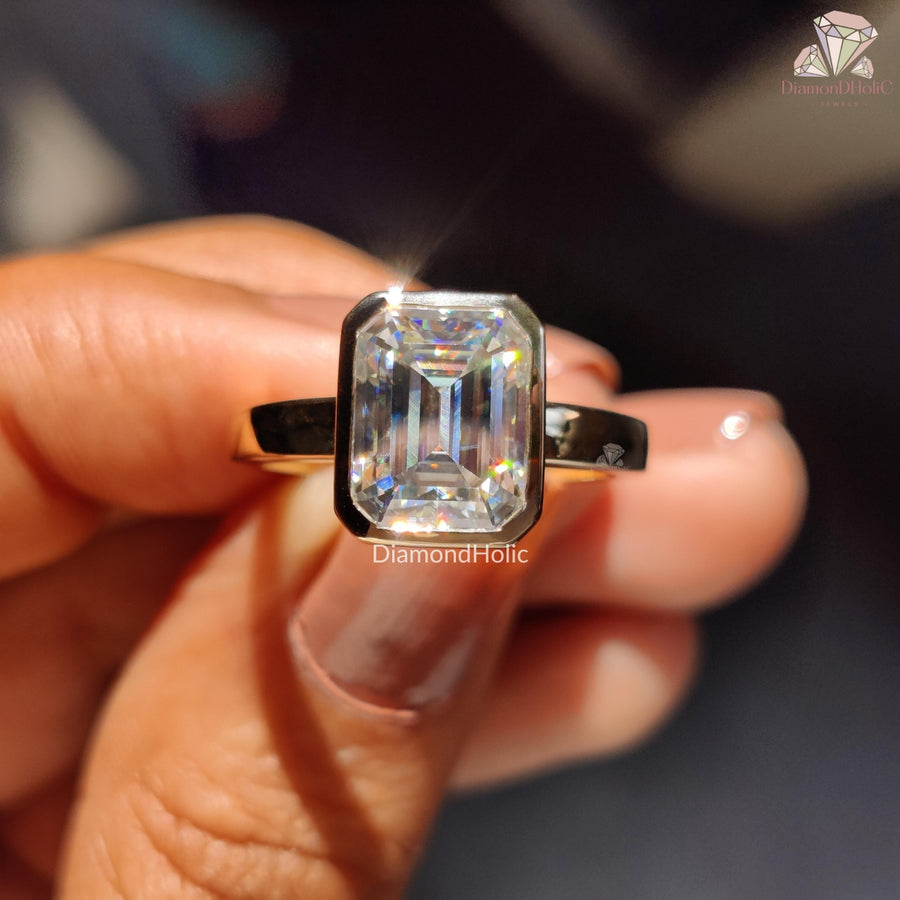 Solitaire Bezel Setting Emerald Cut Moissanite Engagement Ring