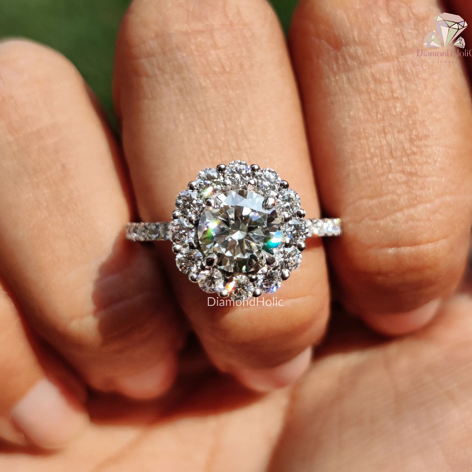 Sparkling Round Cut Moissanite Halo Engagement Ring With Pave Setting