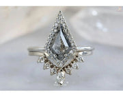 Kite Cut Halo Salt and Natural Diamond Ring Set - Matching Wedding Band With Natural Diamond