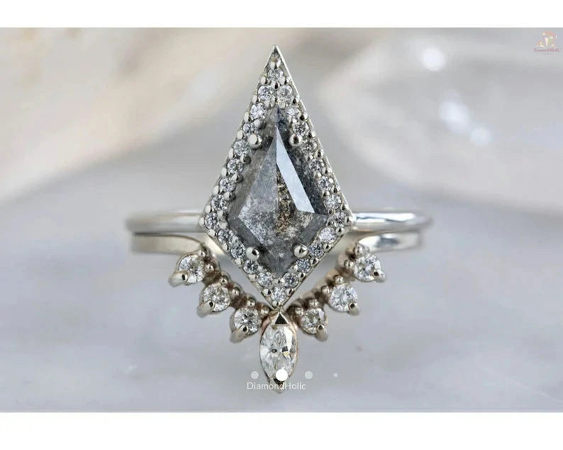 Kite Cut Halo Salt and Natural Diamond Ring Set - Matching Wedding Band With Natural Diamond