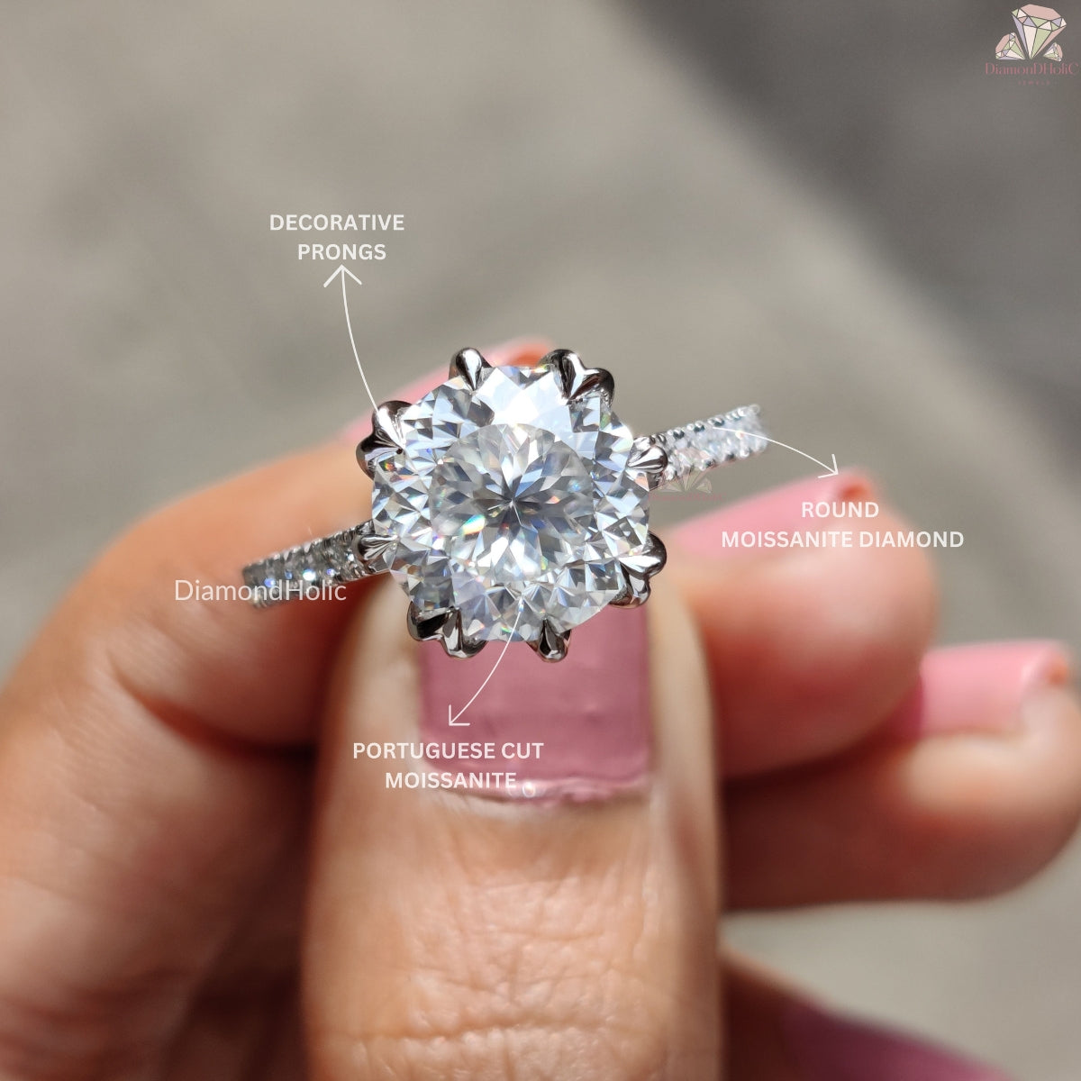 Decorative Prong Setting Portuguese Cut Moissanite Ring - Unique Cut Engagement Ring