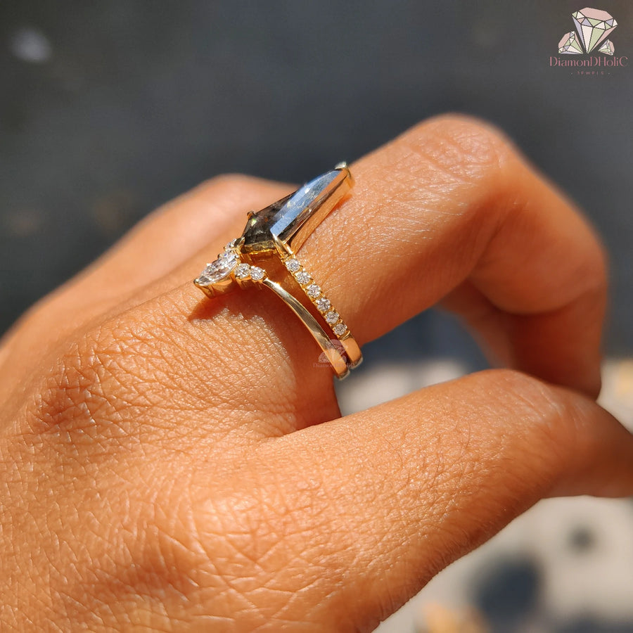 Unique Kite Cut Salt and Pepper Diamond Ring, Natural Diamond Bridal Ring Set