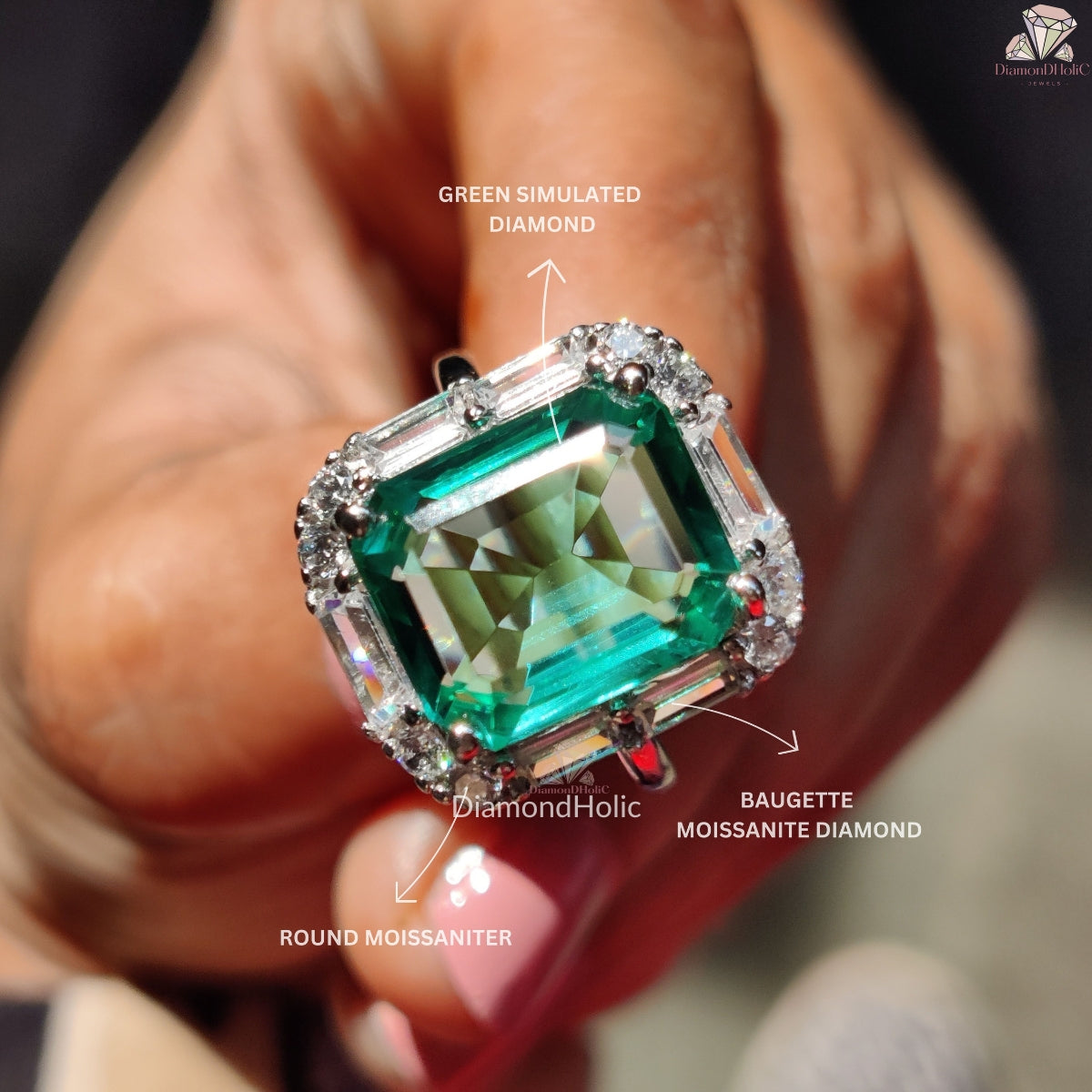 Green Emerald Cut Moissanite Ring - Green Emerald Stone Baguette Halo Engagement Ring