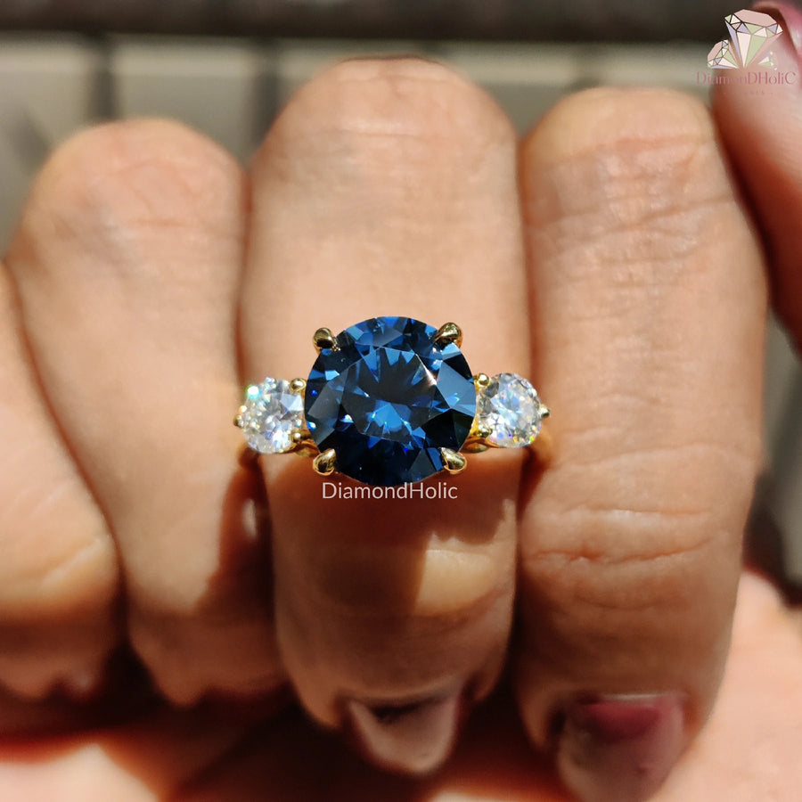 Round Blue Moissanite Ring | Three Stone Moissanite Band | Royal Blue Diamond Ring