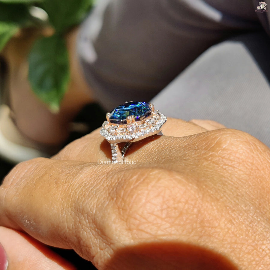 Royal Blue Octa Cut Moissanite Diamond Ring - 14K Rose Gold Halo Engagement Ring