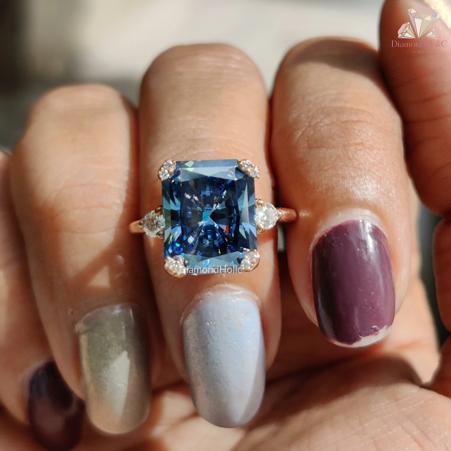 Three Stone Royal Blue Moissanite Ring