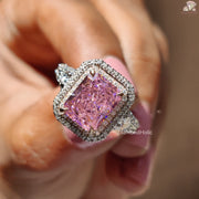 Pink Radiant Cut CZ Stone Halo Ring, Color Stone Engagement Ring