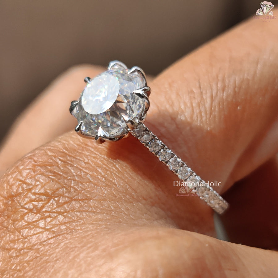 Decorative Prong Setting Portuguese Cut Moissanite Ring - Unique Cut Engagement Ring