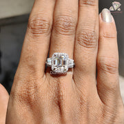 14K Solid Gold Halo Engagement Ring - Emerald Cut Three Stone Moissanite Ring