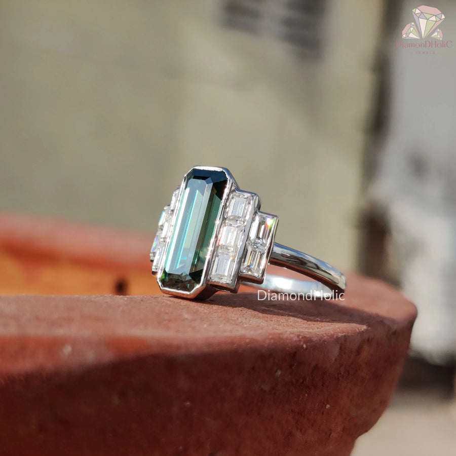 Elongated Emerald Cut Moissanite Ring, Emerald Color Moissanite Diamond Gift For Her