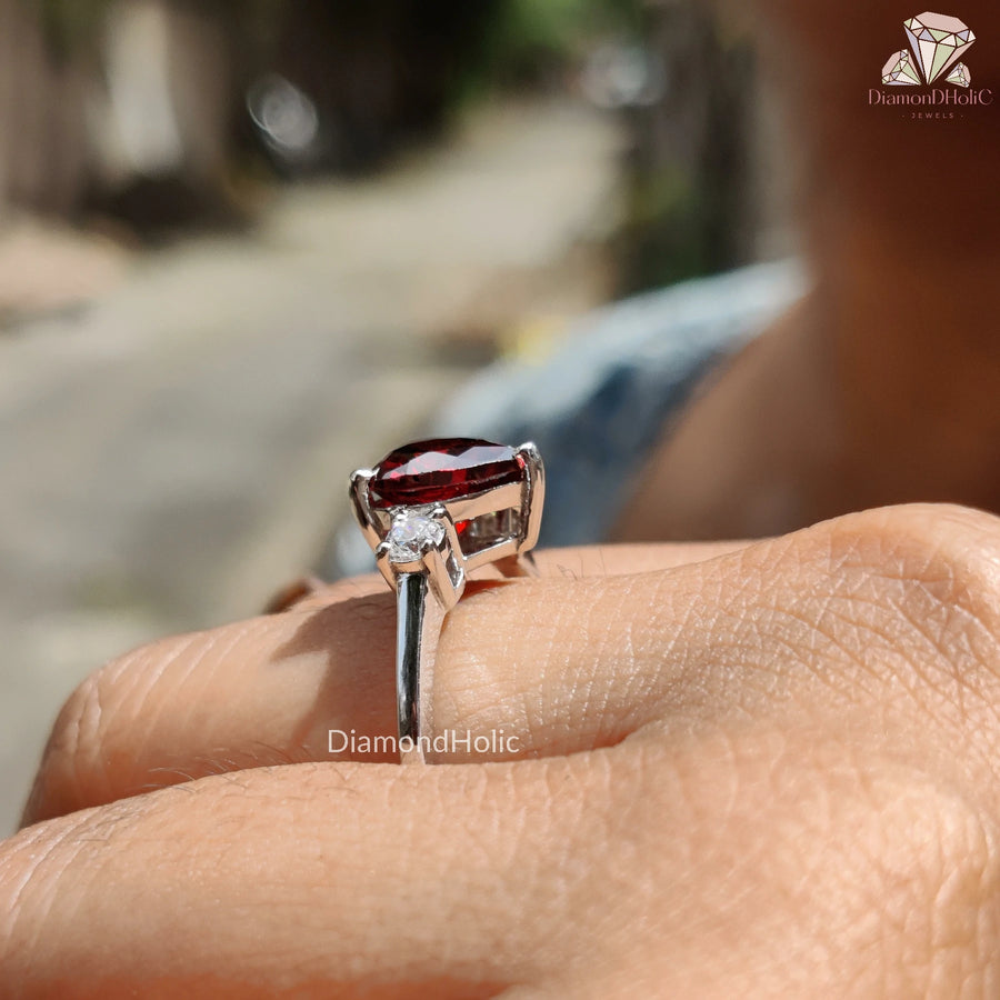 Three Stone Ruby Heart Jewelry, Simulated Diamond Heart Ring