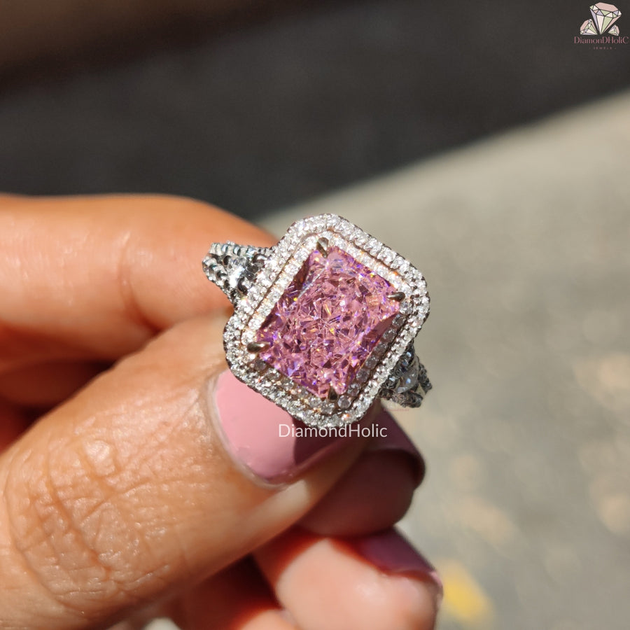 Pink Radiant Cut CZ Stone Halo Ring, Color Stone Engagement Ring