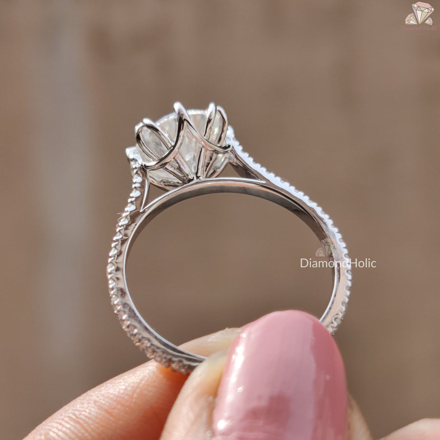 Decorative Prong Setting Portuguese Cut Moissanite Ring - Unique Cut Engagement Ring