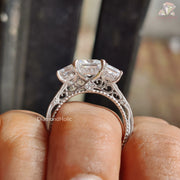 Three Stone Princess Cut Moissanite Cut, Vintage Style Filigree Setting Engagement Ring