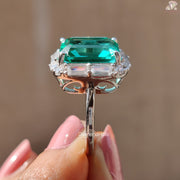 Green Emerald Cut Moissanite Ring - Green Emerald Stone Baguette Halo Engagement Ring