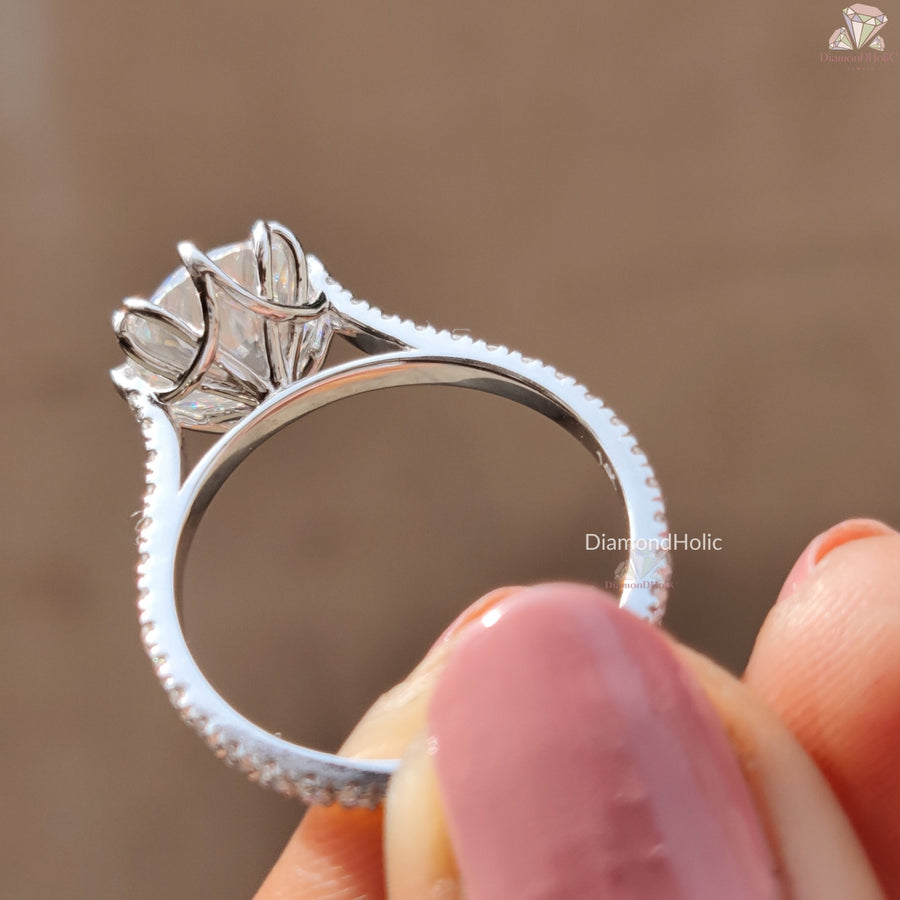 Decorative Prong Setting Portuguese Cut Moissanite Ring - Unique Cut Engagement Ring