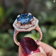 Royal Blue Octa Cut Moissanite Diamond Ring - 14K Rose Gold Halo Engagement Ring