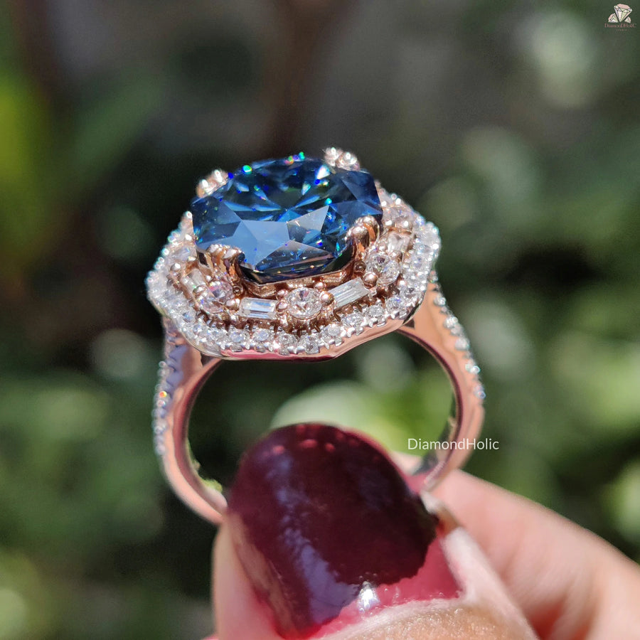 Royal Blue Octa Cut Moissanite Diamond Ring - 14K Rose Gold Halo Engagement Ring