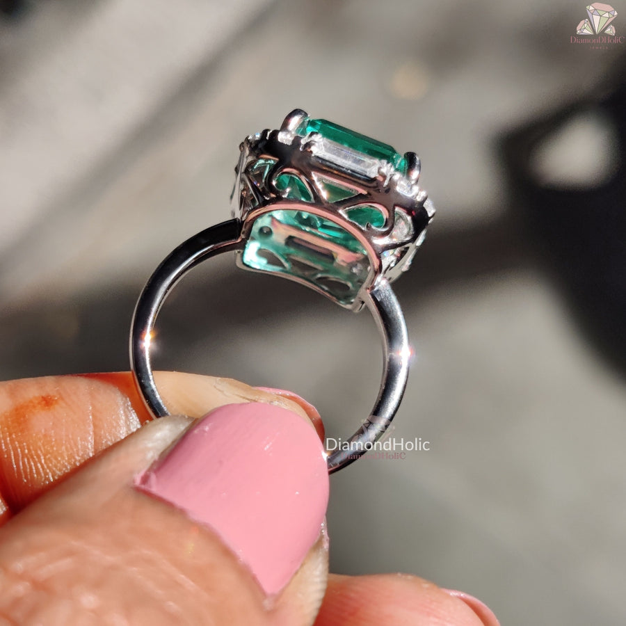 Green Emerald Cut Moissanite Ring - Green Emerald Stone Baguette Halo Engagement Ring